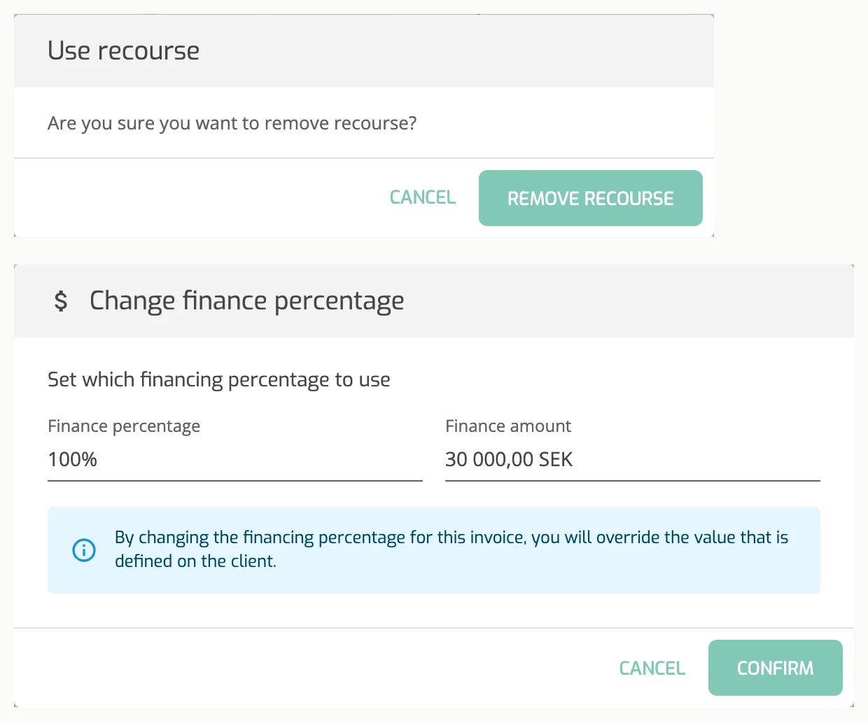 The Use recourse window opened by the RC icon, above the Change finance percentage window opened from the percent icon, both on an invoice card in Invoice Factoring.