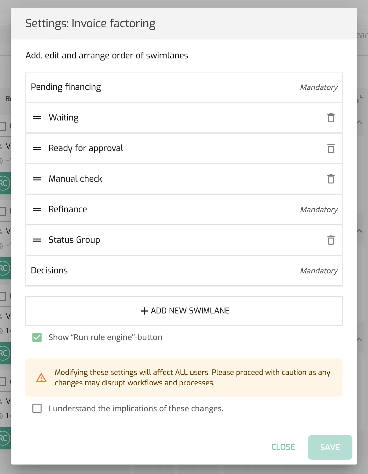 Factoring settings