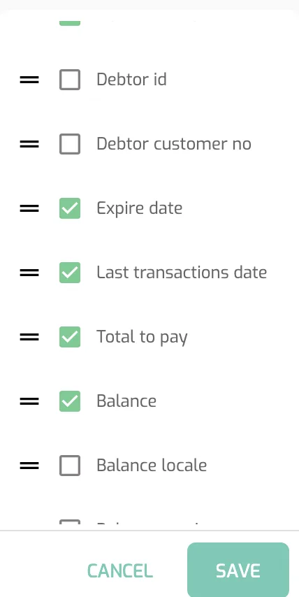 Operations Portal invoice list Columns menu open with Last transactions date ticked.