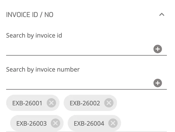 Operations Portal invoice list All filters panel with four invoice numbers added as chips under Invoice id / no.
