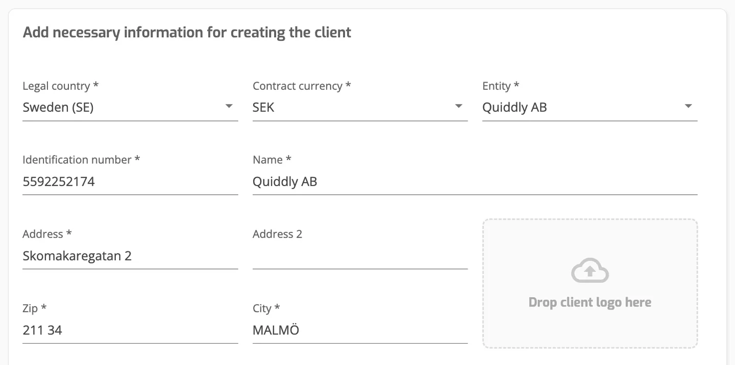 Onboard Client: Provide Company Information