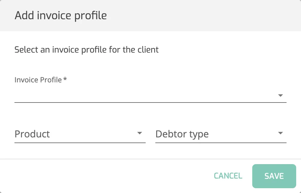 The Add invoice profile dialog with the Invoice Profile, Product and Debtor type fields.