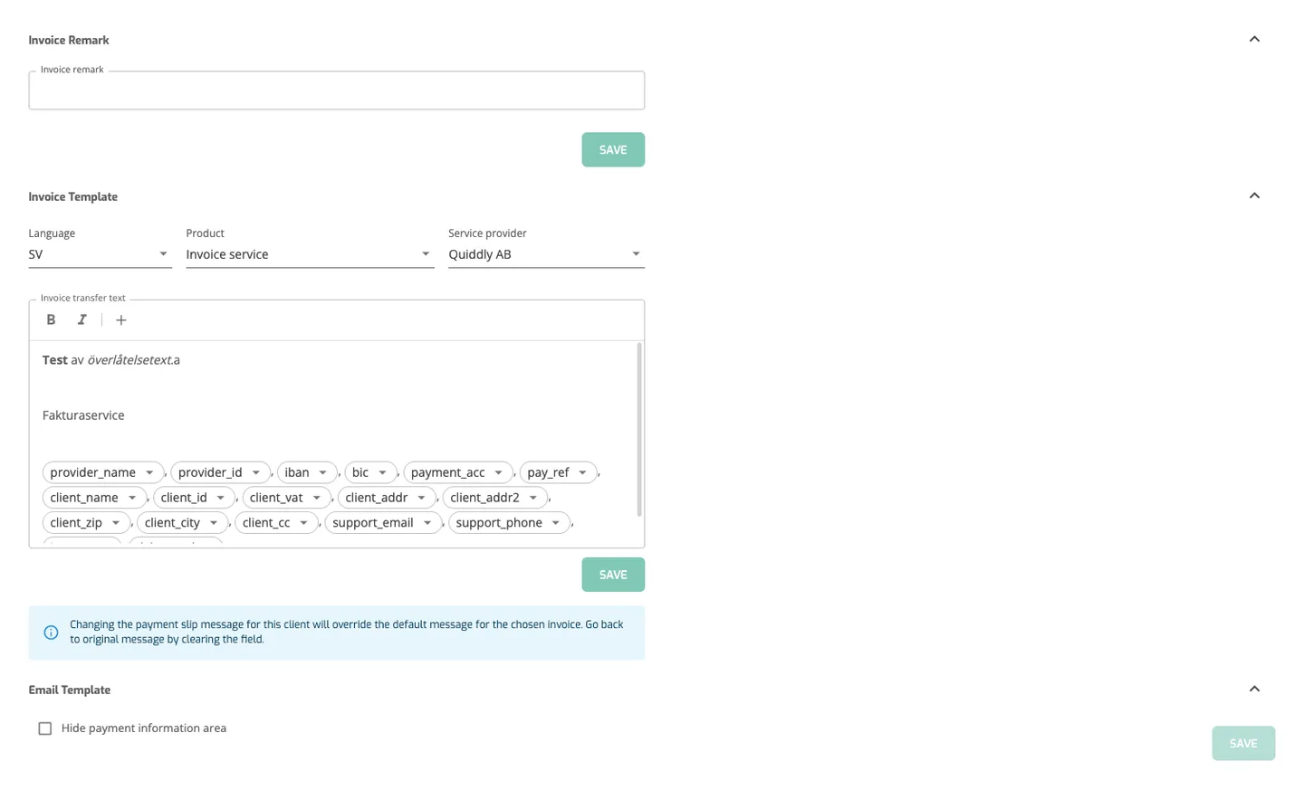 Onboard Client: Set Remark & Transfer Text