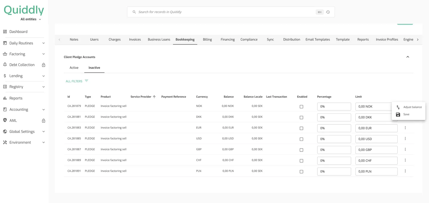 Client Pledge Accounts on the client Bookkeeping tab with the Enabled, Percentage and Limit columns and the three-dot row menu open.