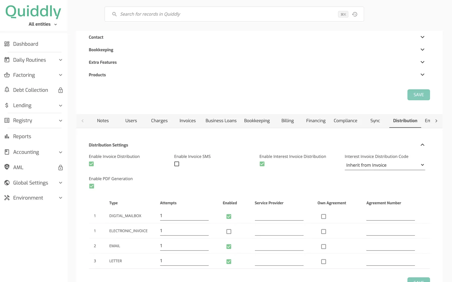 The Distribution tab of a client with Distribution Settings including Enable Interest Invoice Distribution and the Interest Invoice Distribution Code field.