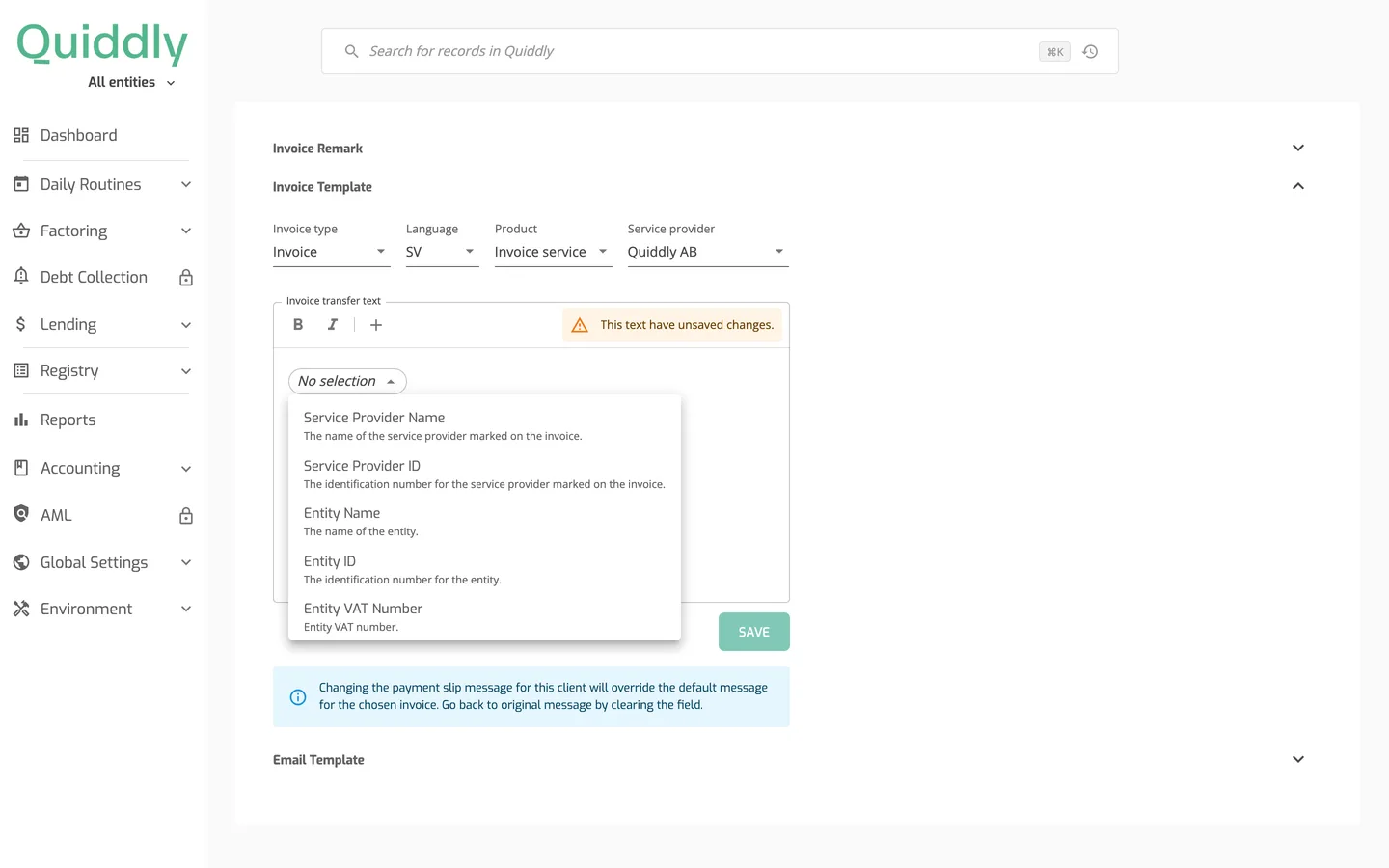 The Invoice Template section on the client Template tab with Invoice type, Language, Product and Service provider and the placeholder list open in the Invoice transfer text editor.