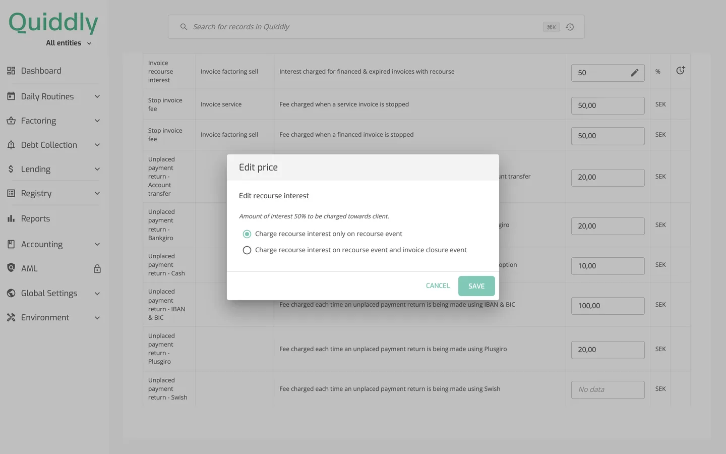 The client Billing tab price list with the Invoice recourse interest row and the Edit recourse interest window open over it.