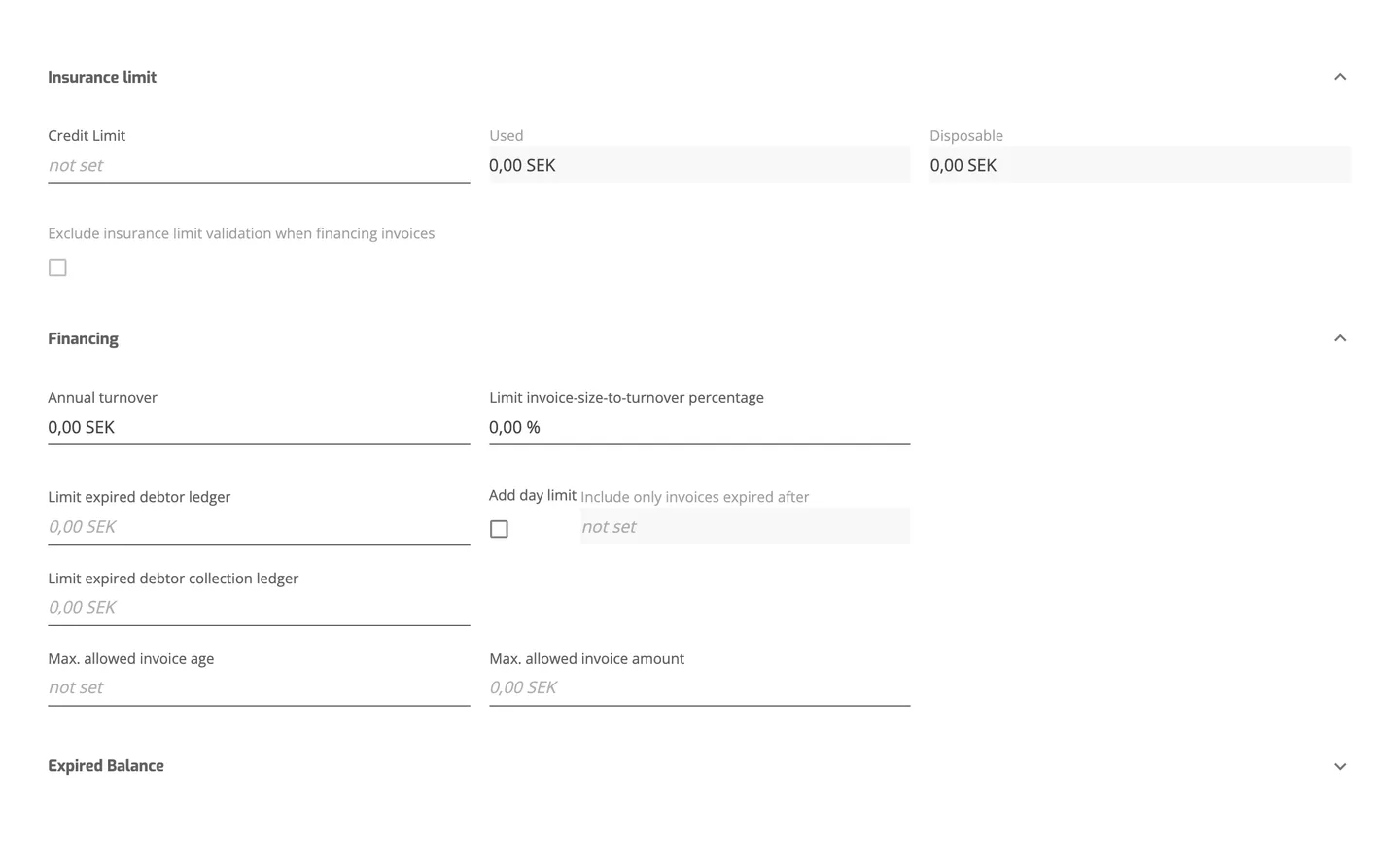 The Insurance limit and Financing sections of a system debtor page, with the Credit Limit, Exclude insurance limit validation checkbox, Limit expired debtor ledger and day limit fields.