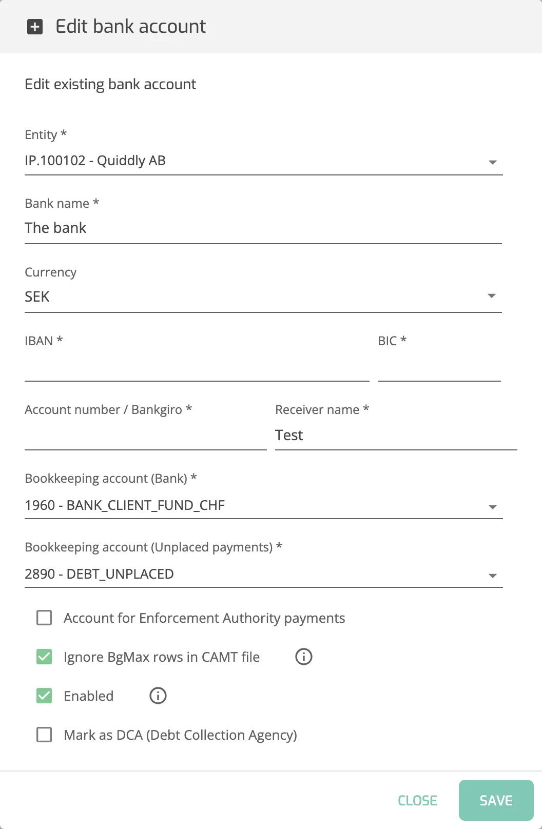 Operations Portal Edit bank account dialog for a SEK account showing the Enforcement Authority, Ignore BgMax rows in CAMT file, Enabled and DCA checkboxes.