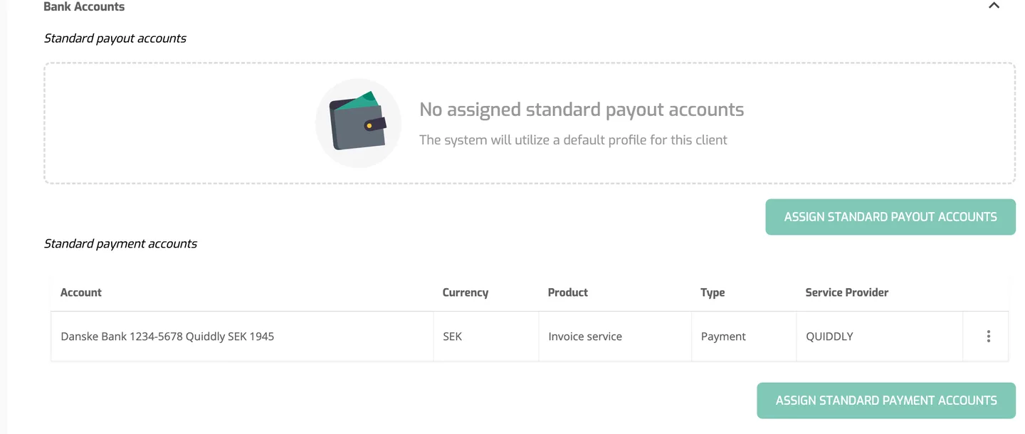Bank Accounts section of client C.100671 with no standard payout accounts and one standard payment account row showing Account, Currency, Product, Type and Service Provider.