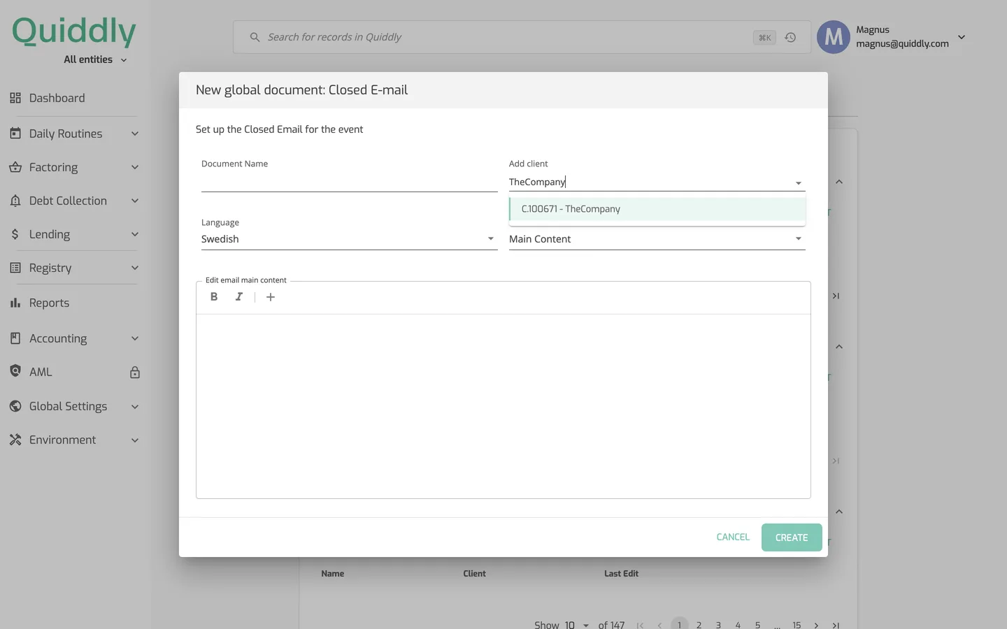 The New global document window for the Closed E-mail on Collection Settings, with the Add client field searching for a client and offering the one match.