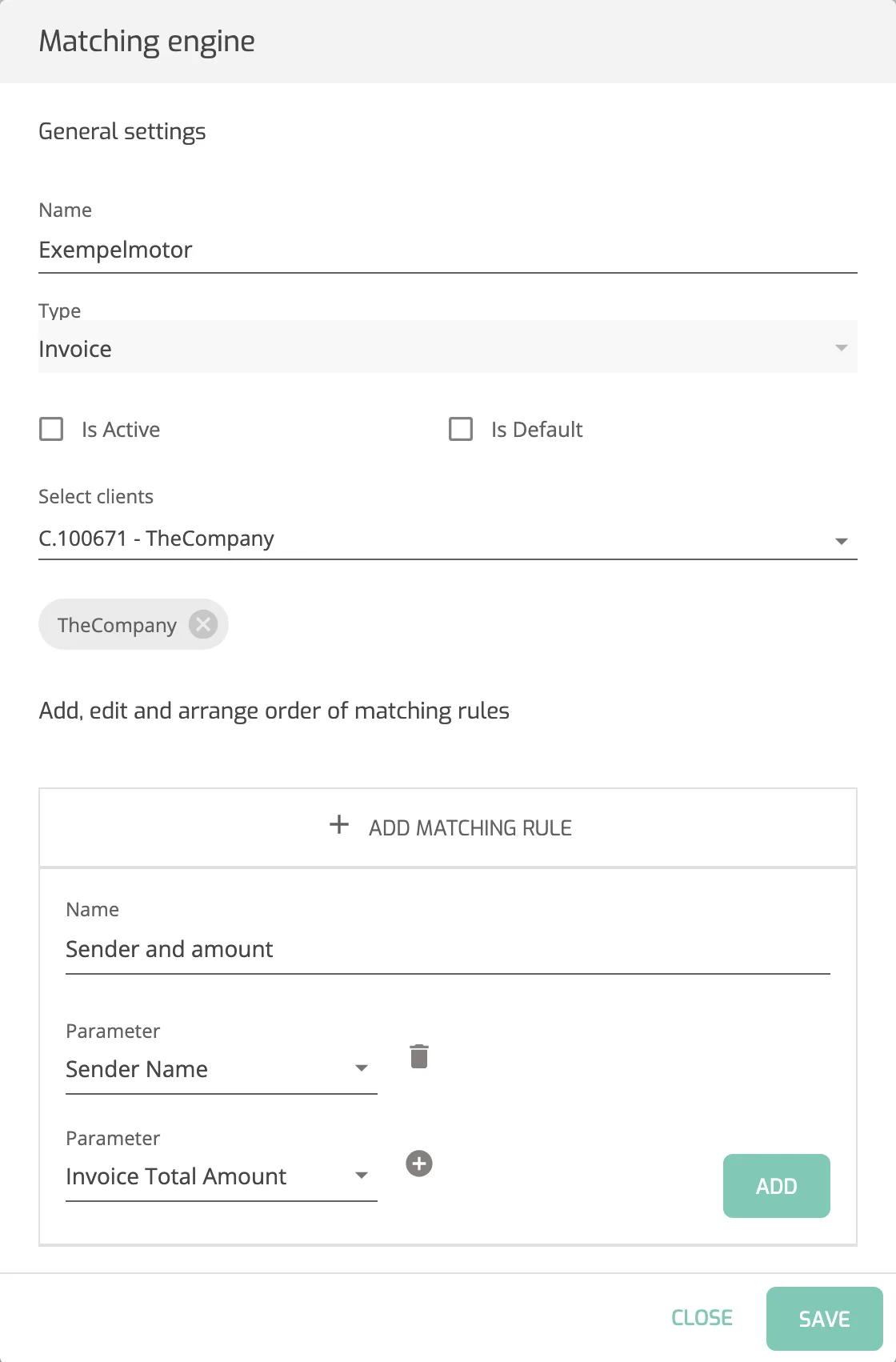 The Matching engine window with TheCompany chosen under Select clients and a rule named Sender and amount that combines the Sender Name and Invoice Total Amount parameters.