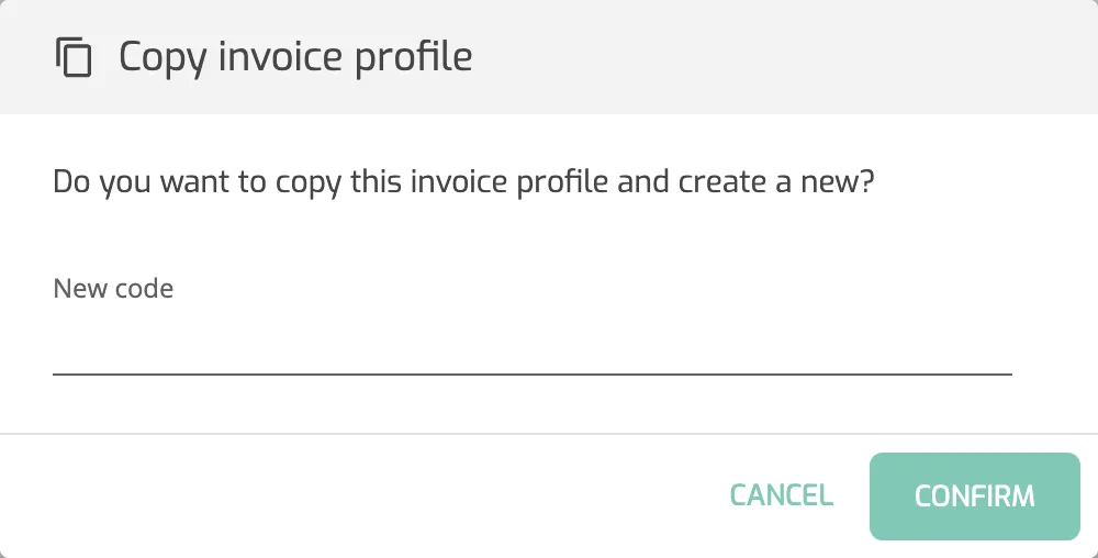 The Copy invoice profile dialog asking for a New code.