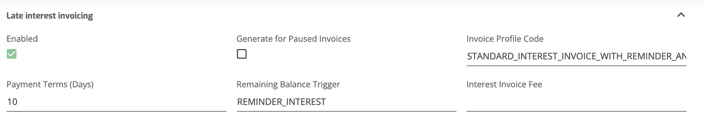 The Late interest invoicing section of an invoice profile with Enabled, Generate for Paused Invoices, Invoice Profile Code, Payment Terms, Remaining Balance Trigger and Interest Invoice Fee.