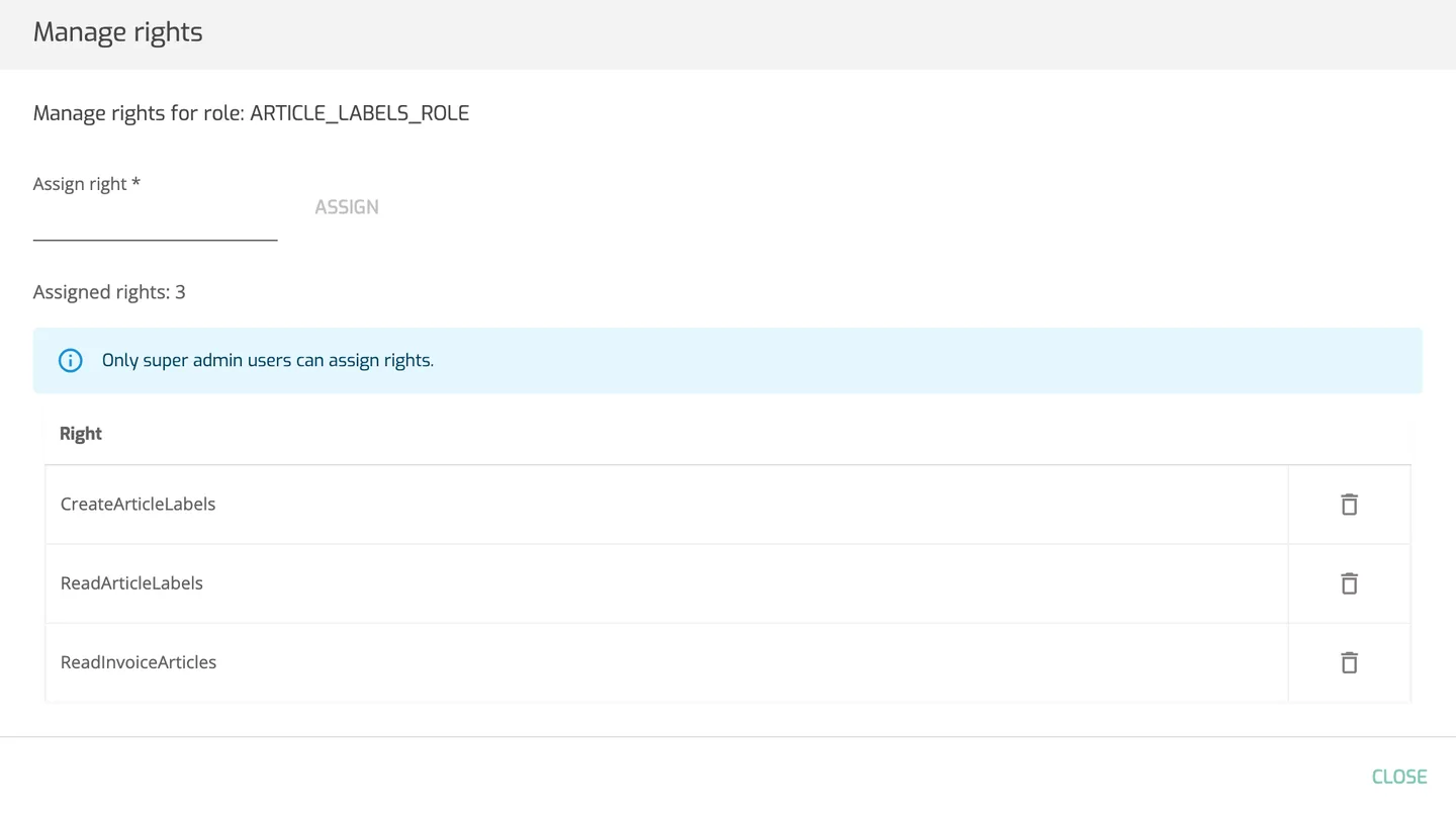Operations Portal Manage rights window for a role showing the Assign right field, the Assign button and the list of assigned rights.