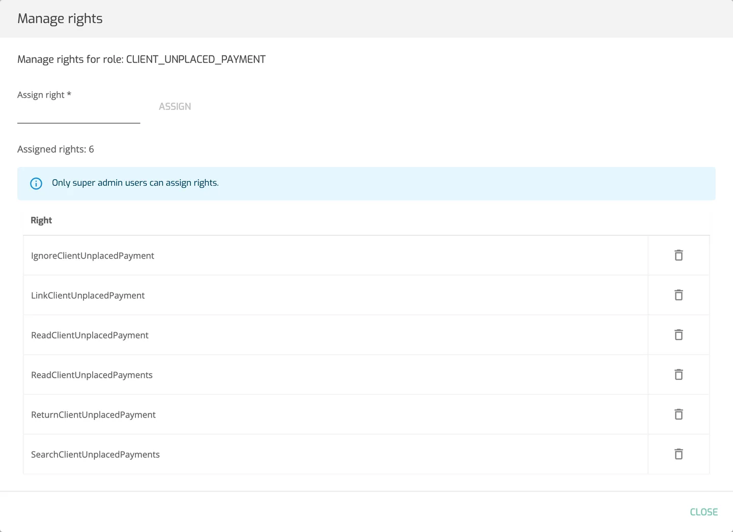 The Manage rights window of a role with the Assign right field and the list of assigned rights.