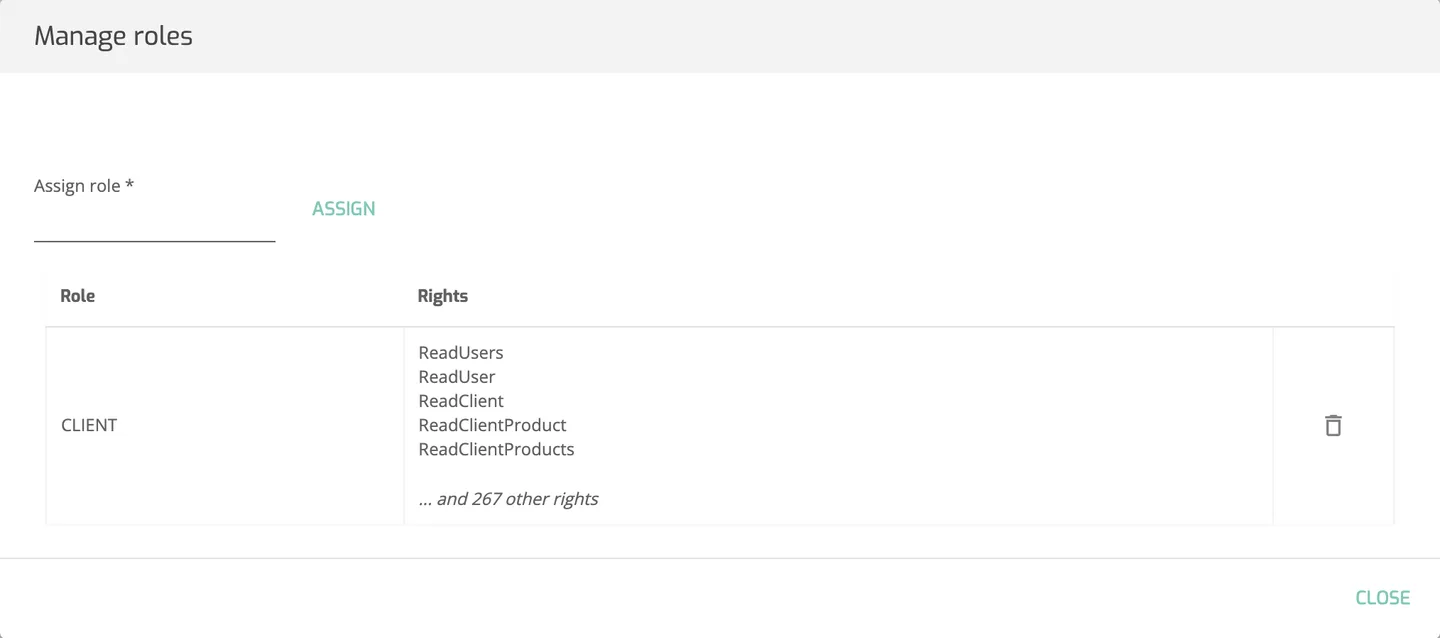 The Manage roles window of a client user opened from Account users, with the Assign role field and the list of assigned roles.
