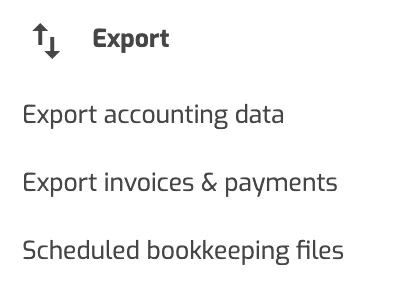 The Export section of the Client Portal Bookkeeping menu with Export accounting data, Export invoices & payments and Scheduled bookkeeping files.